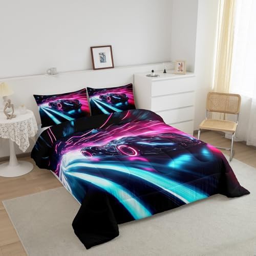 Kids Boys Sports Car Comforter Set King Size Red Blue Race Car Comforter for Kids Teens Room Decor Extreme Sports Theme Bedding Set Cool Speed Luxury Car Decor Quilt Set Soft for All Season