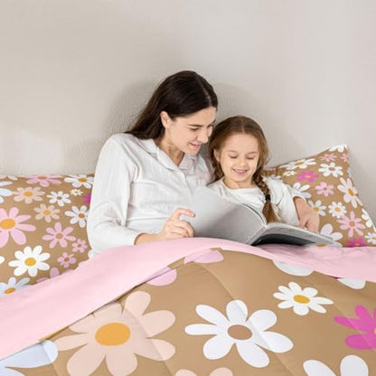 jejeloiu Cute Flower Comforter Set All Season Colorful Daisy Bedding Set with 2 Pillow Cases Blossom Flowers Pattern Microfiber Kids King Bedclothes Kawaii Bedroom Decor Duvet Quilt Breathable Soft