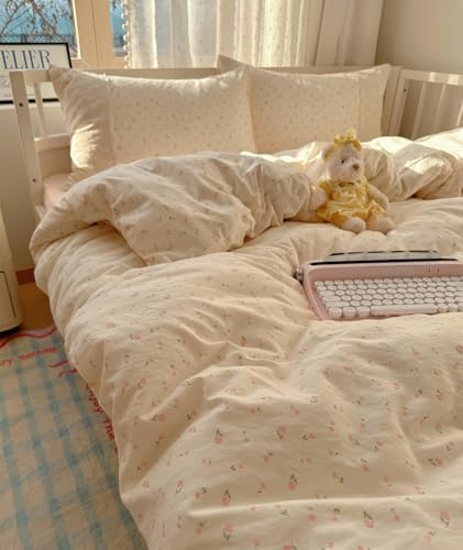 VM VOUGEMARKET Lace Duvet Cover Set Twin XL Size for Teenage Girls Pink Flower Bedding Set Soft Lightweight Washed Microfiber Romantic Princess Duvet Cover with Zipper Ties-68"x90"