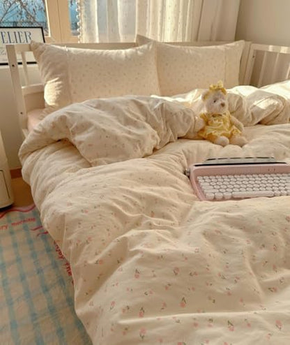 VM VOUGEMARKET Lace Duvet Cover Set Twin XL Size for Teenage Girls Pink Flower Bedding Set Soft Lightweight Washed Microfiber Romantic Princess Duvet Cover with Zipper Ties-68"x90"