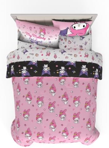 Sanrio Kuromi & My Melody Bedding 7 Piece Super Soft Cozy Reversible Comforter and Sheet Set with Sham, Queen, (100% Official Licensed Product) By Franco