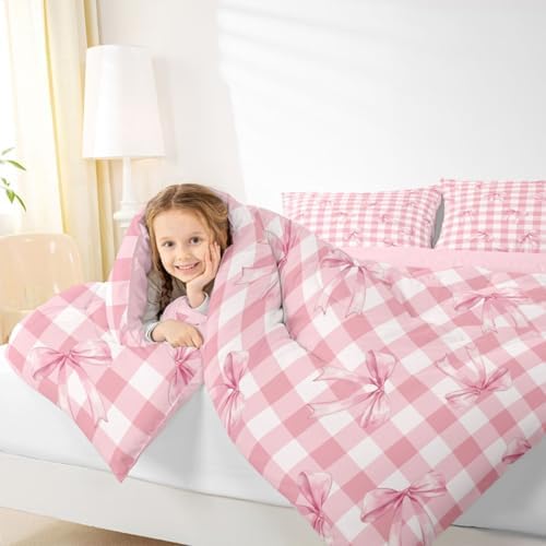 jejeloiu Checkerboard Bowknot Comforter Set All Season Pink Bow Bedding Set with 1 Pillow Cases Plaid Microfiber Kids Toddler Bedclothes Green Bedroom Decor Duvet Quilt Breathable Soft Lightweight
