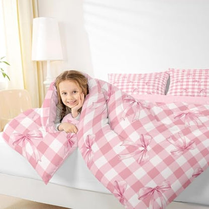 jejeloiu Checkerboard Bowknot Comforter Set All Season Pink Bow Bedding Set with 1 Pillow Cases Plaid Microfiber Kids Toddler Bedclothes Green Bedroom Decor Duvet Quilt Breathable Soft Lightweight