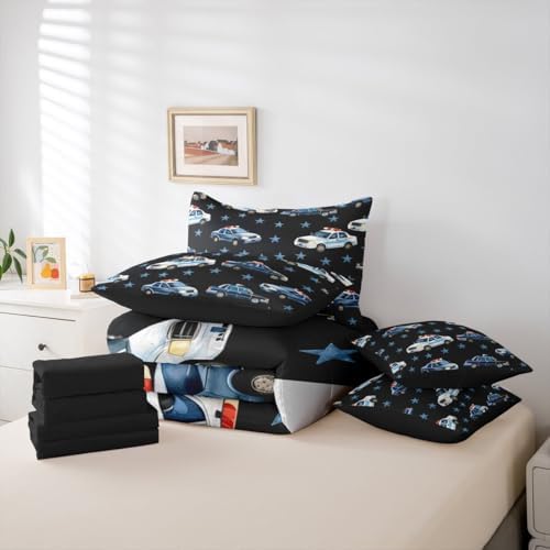 Erosebridal Police Car King Bed in A Bag for Boys, Cartoon Car Comforter Set with Sheets for Kids Teens Youth Men Bedroom, Policeman Vehicle 7 Pieces Bedding Set, Star Black Bed Sets, Microfiber