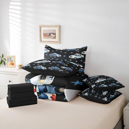 Erosebridal Police Car King Bed in A Bag for Boys, Cartoon Car Comforter Set with Sheets for Kids Teens Youth Men Bedroom, Policeman Vehicle 7 Pieces Bedding Set, Star Black Bed Sets, Microfiber