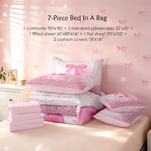 Feelyou Kids Pink Bowknot Bed in A Bag Queen Size for Boys Girls