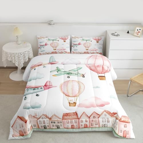 Erosebridal Cartoon Airplane King Size Comforter Set, Pink Aircraft Bedding Set for Girls Kids Teens Youth Women Bedroom, Cute Cat Pink Hot Air Balloon Comforter, Colorful Cloud Duvet Insert
