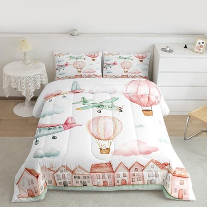 Erosebridal Cartoon Airplane King Size Comforter Set, Pink Aircraft Bedding Set for Girls Kids Teens Youth Women Bedroom, Cute Cat Pink Hot Air Balloon Comforter, Colorful Cloud Duvet Insert