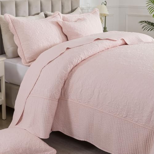 HoneiLife California King Quilt - 5-Piece Cal King Quilt Sets, Oversized King Bedspreads 128x120, Rustic Bedding Sets King Size,Reversible Coverlets Lightweight Bed Cover for All Season Use-Light Pink