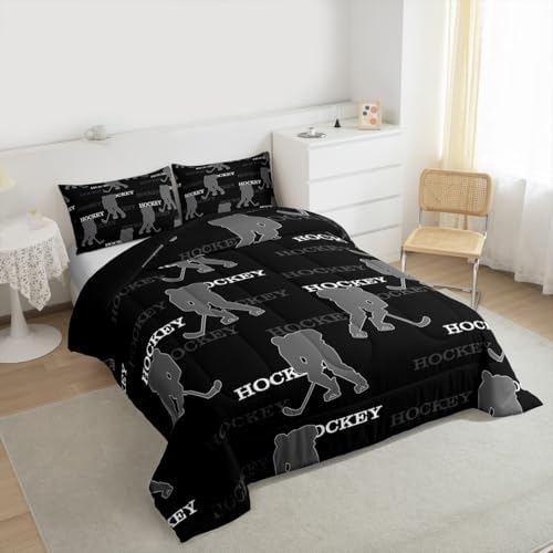 Ice Hockey Kids Bedding Set Queen Size, Comforter Set,Winter Sports Modern Quilt Comforter,Black Gray Bedroom Duvet Insert,2 Pillowcases