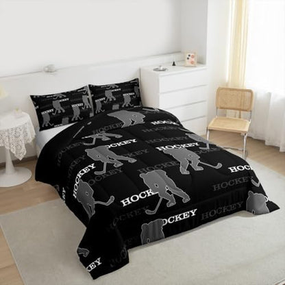 Ice Hockey Kids Bedding Set Queen Size, Comforter Set,Winter Sports Modern Quilt Comforter,Black Gray Bedroom Duvet Insert,2 Pillowcases