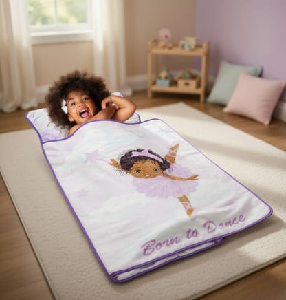 EVERYDAY KIDS Toddler Nap Mat with Removable Pillow - Born to Dance African American Ballerina - Carry Handle with Straps Closure, Rollup Design for Preschool, Daycare, Sleeping Bag - Ages 2-6 Years