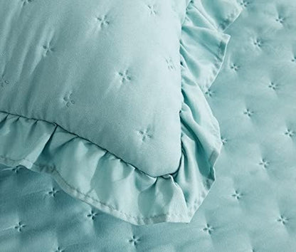 CHIXIN Ruffle Skirt Bedspread King Size - 30" Long Drop, Shabby Chic Style, Lightweight Bedding Cover, 3 Piece Set, Seaglass