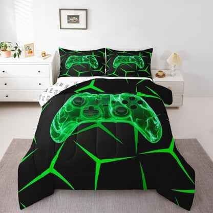 Castle Fairy Black Green Games 3 Pcs Queen Size Comforter Set,Geometric Honeycomb Gaming Down Alternative Adults Room Decor,Game Controller Ultra Soft Microfiber Inner Fill 3Pcs Bedding