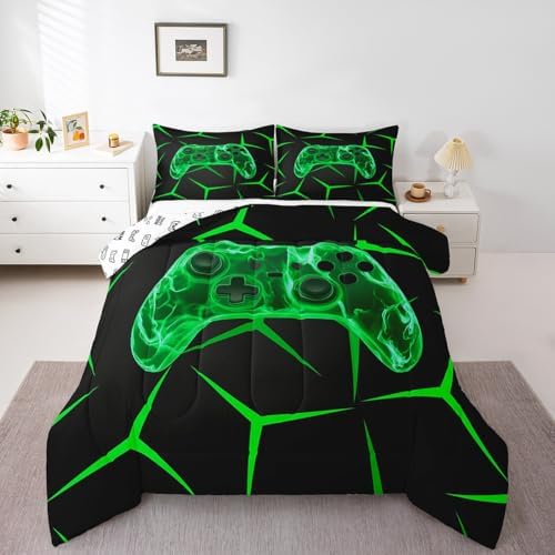 Castle Fairy Geometric Honeycomb Gaming Comforter Set with 2 Pillowcases,Black Green Games Super Soft Microfiber Bedding Set for Adults Teens,Game Controller Duvet Set for Room Decor,King