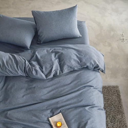 Wake In Cloud - Cotton Duvet Cover Set, 100% Washed Cotton, Linen Like Textured, Breathable Durable Comfy Farmhouse Neutral Bedding Set, 3 Pieces, Denim Blue, King Size
