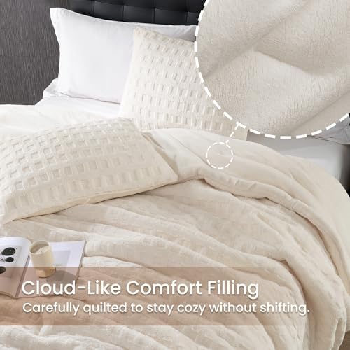 Plush Fleece Comforter Set Queen with Teddy Waffle Textured , Cream White