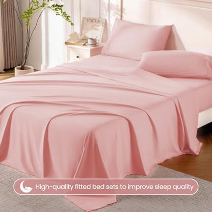 ROSE&RISY Pink Sheet Set, 4 Pieces Soft Bedding Queen Sheet Set, Breathable and Cooling,Includes 1 Fitted, 1 Flat, 2 Pillow Cases - Deep Pocket(Pink, Queen)