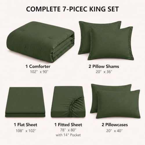 HIMEET King Comforter Set, 7-Piece Point-Quilted Bed in a Bag, Olive Green