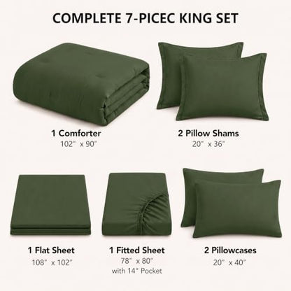 HIMEET King Comforter Set, 7-Piece Point-Quilted Bed in a Bag, Olive Green