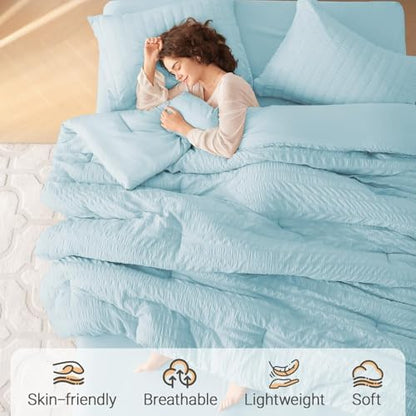 MUXHOMO 5 Pieces Twin XL Comforter Set, Seersucker Bed in a Bag Twin XL Size, All Season Luxury Bedding Set with Comforter, Flat Sheet, Fitted Sheet, Pillowcase & Sham, Lake Blue