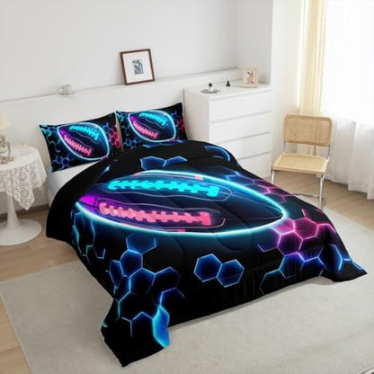 Erosebridal Rugby Sports Comforter Set for Kids Boys Girls Football Bedding Honeycomb Hexagon Duvet Set Colorful Neon Lights Comforter Full with 2 Pillowcases