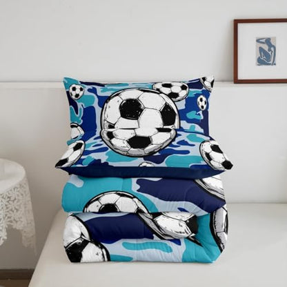 Football Sports Bedding Set Toddler Size Soccer American Ball Games Comforter Set for Kids Teens Boys Room Decor Blue Camouflage Down Comforter Hexagon Geometric Quilt Set with 1 Pillowcase