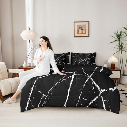 Erosebridal Black Marble King Bedding Set 7 Piece White Texture Bed in A Bag with Sheets Ink Painting Stone Pattern Comforter Set for Kids Adults,Retro Watercolor Artwork Bed Sets