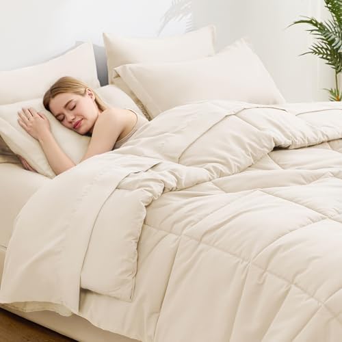 Love's cabin Twin Comforter Set Beige, 5 Pieces Twin Bed in a Bag, All Season Bedding Sets with 1 Comforter, 1 Flat Sheet, 1 Fitted Sheet, 1 Pillowcase and 1 Pillow Sham