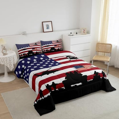 American Flag Comforter Set for Girls Kids Boys Men Soldier Rifle Helicopter Tank Bedding Set Red Blue Stars Stripes USA Flag Comforter Room Decor Army Guns Military Down Comforter King Size Boys