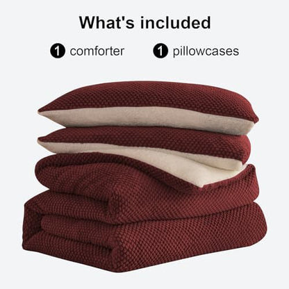 LLanCL 3D Jacquard Design Comforter Set, Ultra-Soft Warm Twin Size Sherpa Fur Plush 2-Pieces Sets Luxury Cozy Bedding with 1 Pillowcase (68"x90", Burgundy)