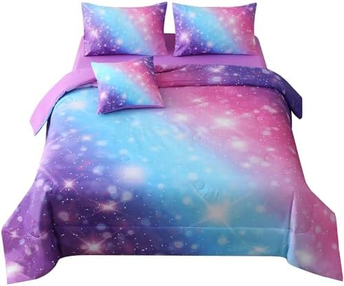 JQinHome Glitter Bedding Set Twin Size,6 Piece Bed in A Bag 3D Colorful Rainbow Galaxy Comforter Set for Girls Kids-All Season Microfiber Tie-Dye Bedding Sets(Blue Purple)