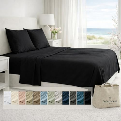 Cloud Scape Linen 100% Egyptian Cotton 4 Pcs California King Sheet Set, Hotel Quality, Silky Soft, Breathable, Durable, Deep Pockets up to 17, Black