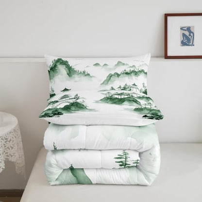 Oriental Culture Comforter Set Toddler Size,Chinese Style Abstract Art Bedding Set for Kids Girls Boys Adults Room Decor,Ink Painting Mountain Duvet Insert 2Pcs,Tie Dyeing Quilt Set,1 Pillowcase