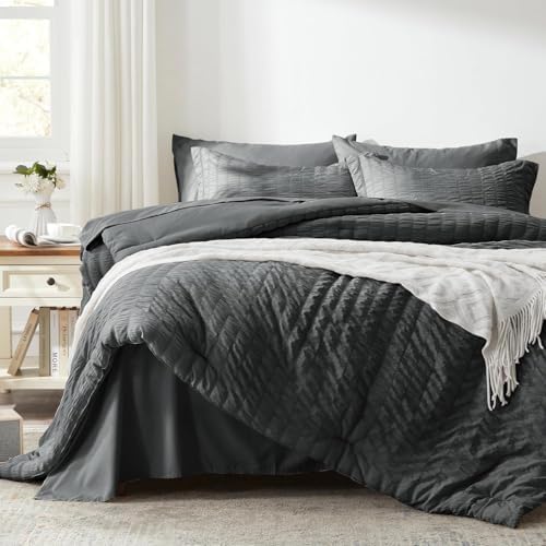 Full Size Comforter Sets 7 Piece, Dark Grey Bed in a Bag Full Bedding Set