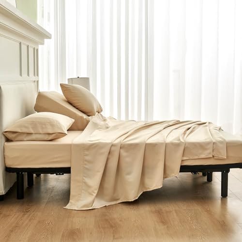 Kingnex Split California King Sheets Set for Adjustable Bed 5 Pieces Include 2 Cal Twin XL Fitted Sheets 1 Flat Sheet 2 King Size Pillowcase Beige