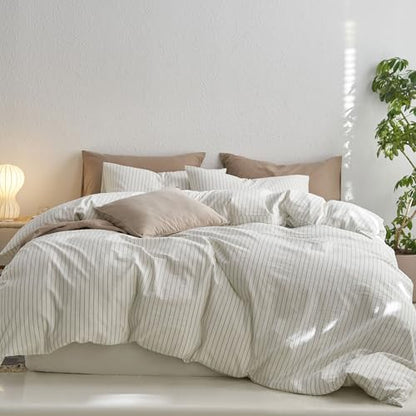 MooMee Striped Duvet Cover Set 100% Washed Cotton Linen Like Twin