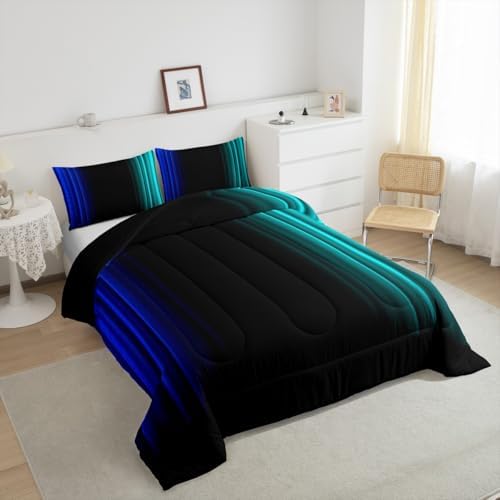 Feelyou Teens Abstract Ombre Decorations Bedding Set for Kids Women Blue Teal and Black Comforter Set Geometric Modern Quilt Set Room 2Pcs Twin Size