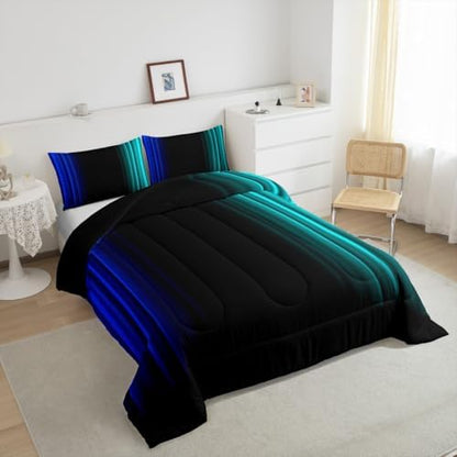 Feelyou Teens Abstract Ombre Decorations Bedding Set for Kids Women Blue Teal and Black Comforter Set Geometric Modern Quilt Set Room 3Pcs Full Size