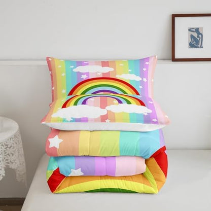Castle Fairy Colorful Stripes Comforter Set Full Size,Rainbow Bedding Set for Girls Women Adult Bedroom Decoration,Kids Star and Cloud Bed Duvet Insert,Dreamy Comforter with 2 Pillowcase
