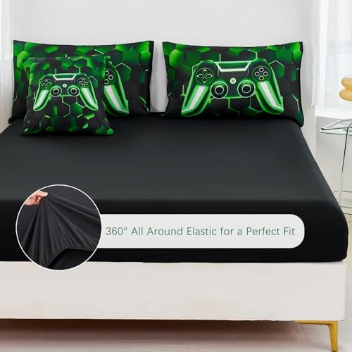 URBONUR Black Green Gaming Queen Comforter Set for Boys 6Pcs Bed in A Bag