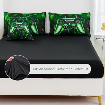 URBONUR Black Green Gaming Queen Comforter Set for Boys 6Pcs Bed in A Bag