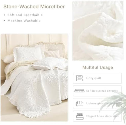 Masaca White Ruffled Oversized King Quilt(118"x106"),Lightweight Farmhouse Shabby Boho Chic Bedding Set,3 Pieces Crinkled Stone-Washed Microfiber California King Bedspread for All Season