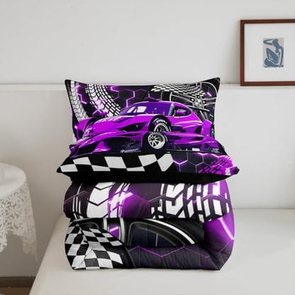 Toddler Race Car Bed for Boys,Purple Neon Lights Honeycomb Bedding Set Cool Sports Car Glitter Beehive Geometric Hexagon Comforter Set Full,Black White Grid Lattice Quilt Buffalo Plaid Decor