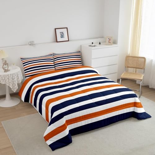 Homewish Stripe Art Comforter Set King Size Blue and Orange Room Decor for Woman Men Modern Simple Comforter Aldults Bedroom Stripes Bedding Set 1 Comforter with 2 Pillow Cases,Lightweight Warm Soft