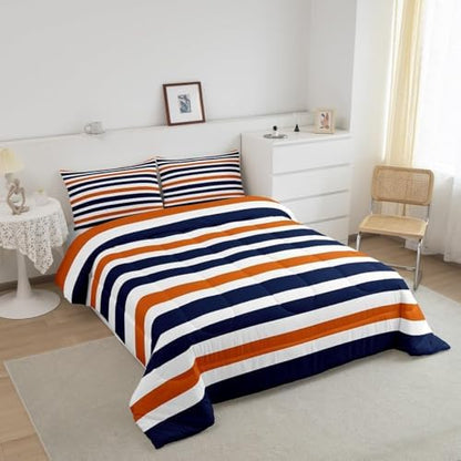 Homewish Stripe Art Comforter Set King Size Blue and Orange Room Decor for Woman Men Modern Simple Comforter Aldults Bedroom Stripes Bedding Set 1 Comforter with 2 Pillow Cases,Lightweight Warm Soft