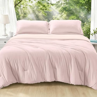 MUXHOMO Cooling Comforter Set Queen Size, Lightweight Summer Comforter for Hot Sleeper, Reversible Bedding with ICY Cooling Surface, Includes 1 Comforter (90"x90") and 2 Shams (20"x 26"), Light Pink