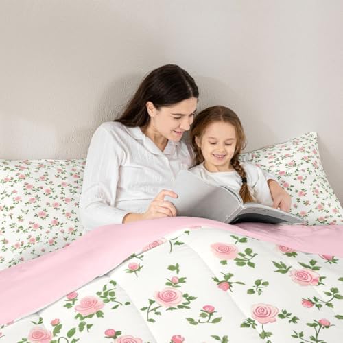 jejeloiu Pink Rose Flower Kids Comforter Set Toddler Size Cute Floral Bedding Set Botanical Duvet Quilt for Kids Boys Girls Bedroom Blossom Flowers Pattern Decor Microfiber Ultra Soft Breathable