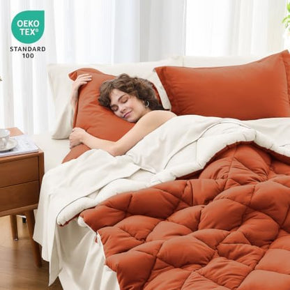 MUXHOMO 5 Pieces Twin XL Comforter Set, Reversible Bed in a Bag Twin XL Size, All Season Bedding Set with Comforter, Flat Sheet, Fitted Sheet, Pillowcases & Shams, Burnt Orange & Beige