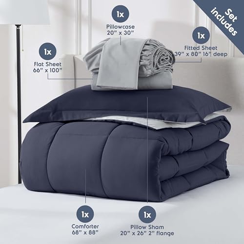 Nestl 7 Piece Twin XL Comforter Set – Navy Reversible Bed in a Bag – Complete Twin XL Size Bedding Set with Sheets, Set of 2 Down Alternative Pillows, Pillowcase and Sham